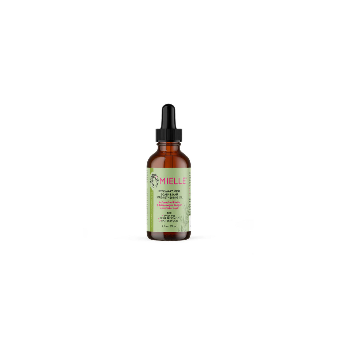 Brown glass dropper bottle with Mielle Rosemary Mint Scalp & Hair Strengthening Oil (59 ml) with green label.