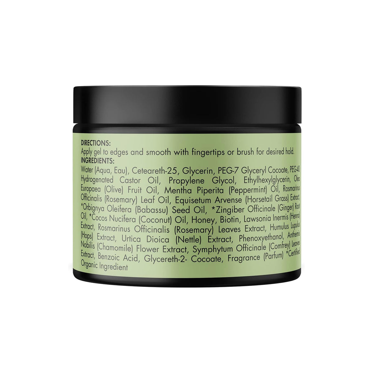 Close-up of the label on the back of Mielle Rosemary Mint Strengthening Edge Gel (57g) showing ingredients, directions for use and manufacturer information.