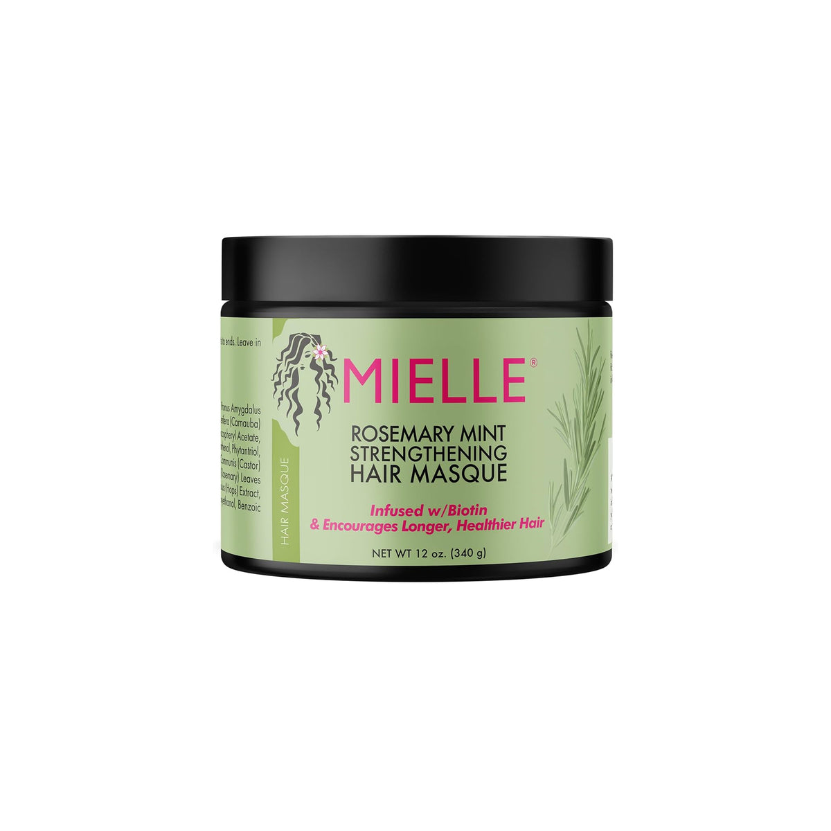 Mielle Rosemary Mint Strengthening Hair Masque (340 ml) with black cap and green label.