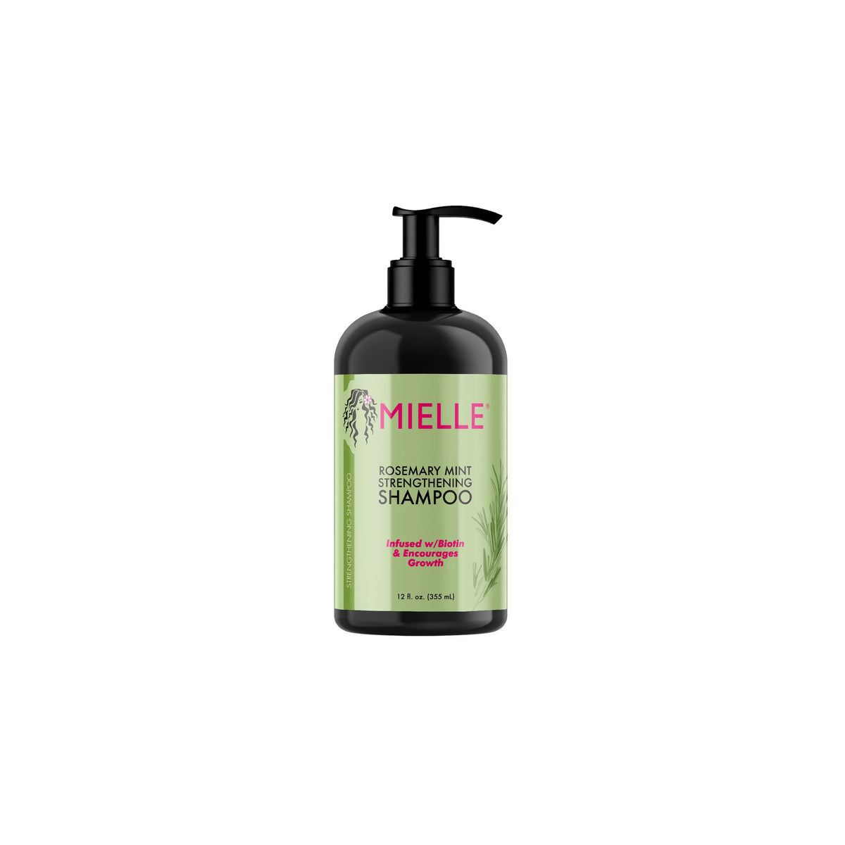 Bottle of Mielle Rosemary Mint Strengthening Shampoo (355 ml) with black pump and green label.
