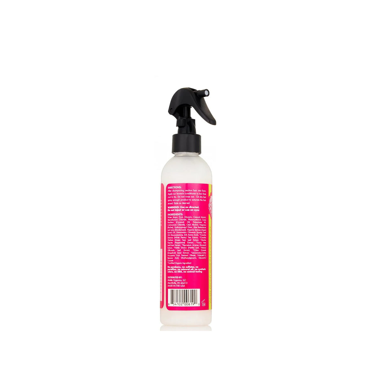 Close-up of the label on the back of Mielle White Peony Leave-In Conditioner (240ml) showing ingredients, directions for use, warnings and manufacturer information.