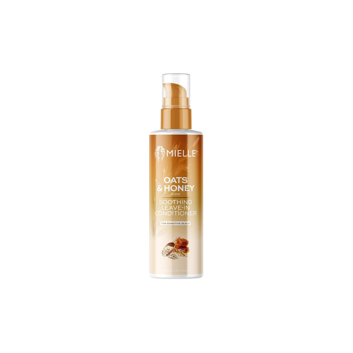 Mielle Oats & Honey Soothing Leave-In-Conditioner 177ml with golden pump and image of honey and oats on the bottle.