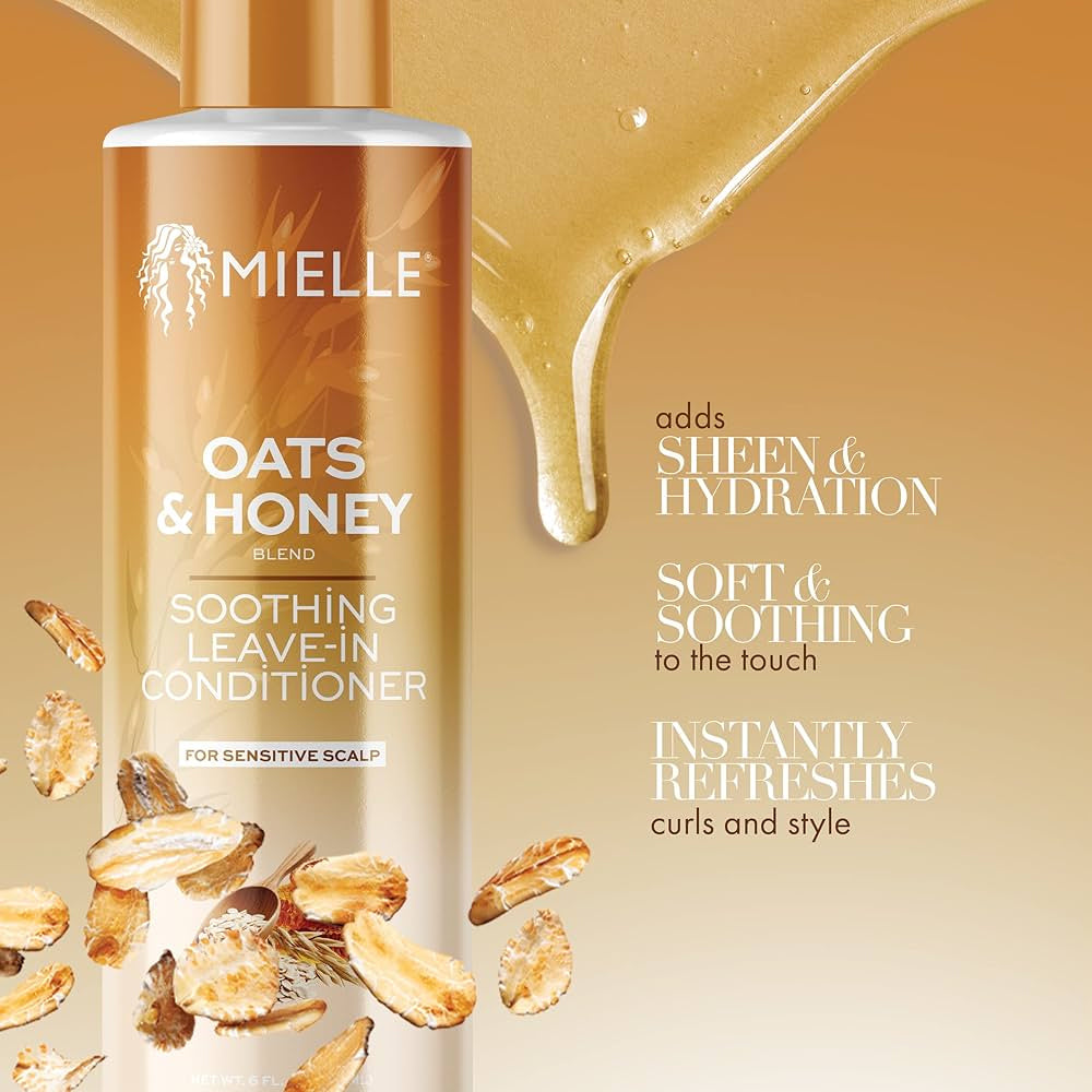 Mielle Oats & Honey Soothing Leave-In-Conditioner 177ml with oat flakes and honey drizzle on a golden background.