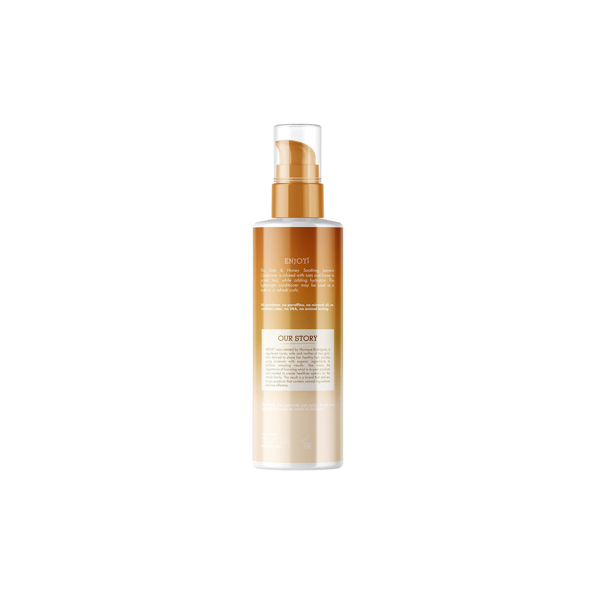 Back of Mielle Oats & Honey Soothing Leave-In-Conditioner 177ml with pump and brown-gold label text.
