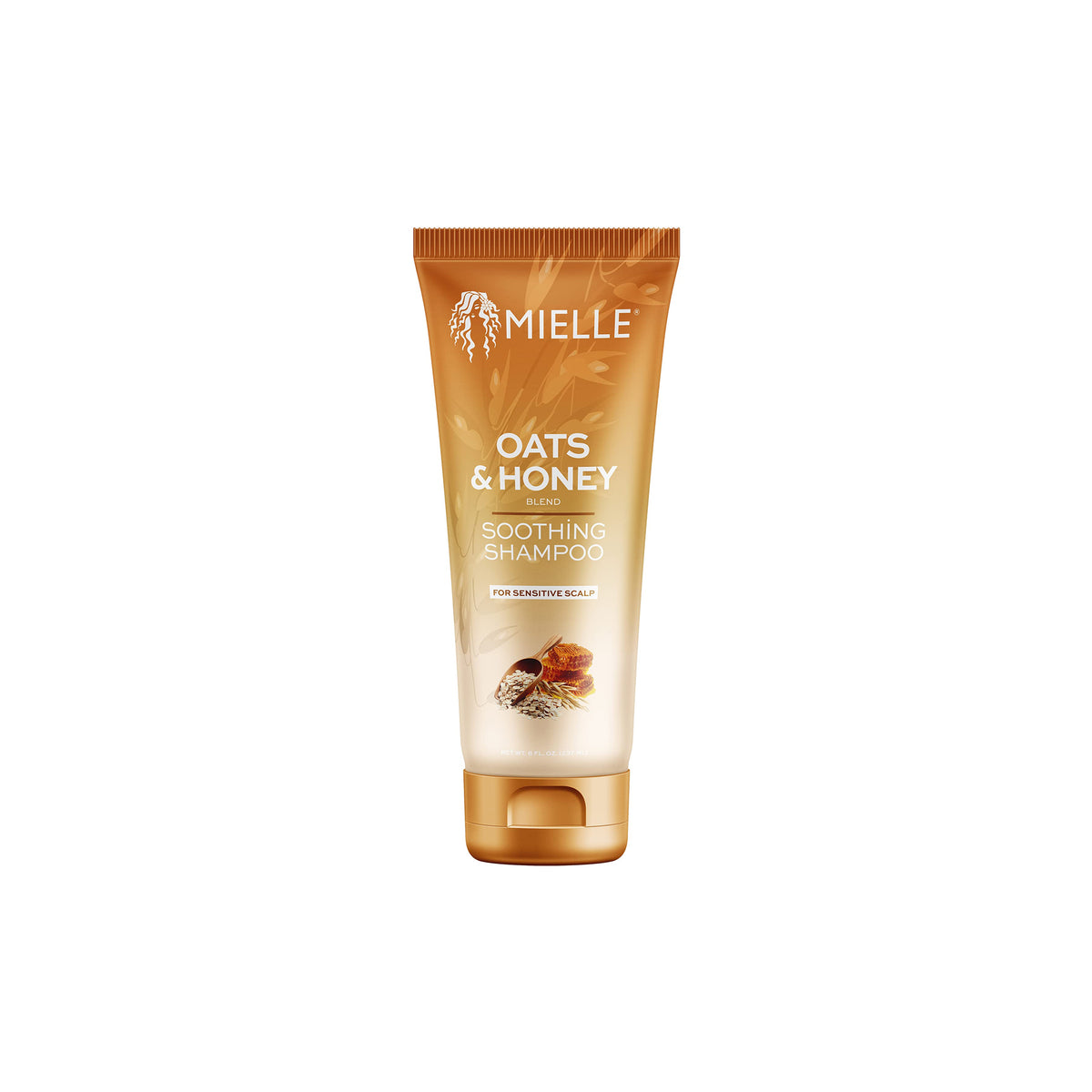 Tube with Mielle Oats & Honey Soothing Shampoo 237ml in golden color with honey and oat illustration.