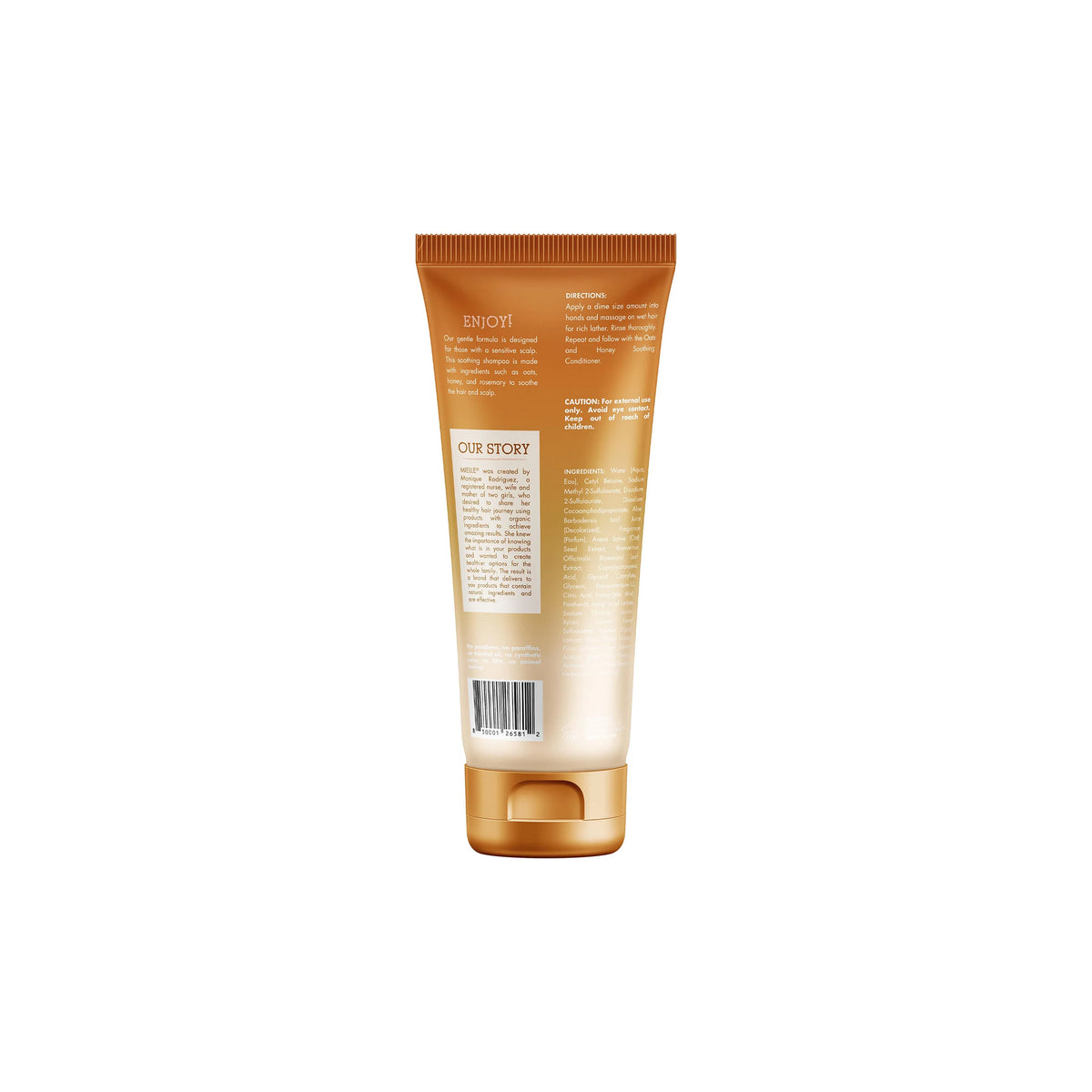 Back of Mielle Oats & Honey Soothing Shampoo 237ml in golden brown tube with white background and product information.