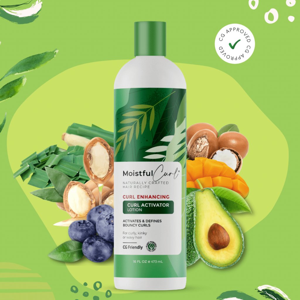 Moistful Curl Curl Enhancing Curl Activator Lotion (473ml) surrounded by images of avocado, mango, blueberry, shea nuts and aloe vera, emphasizing the natural ingredients.