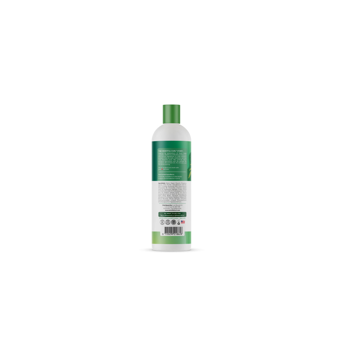 The label on the back of Moistful Curl Curl Enhancing Curl Activator Lotion (473ml) contains ingredient list, instructions for use and further information.
