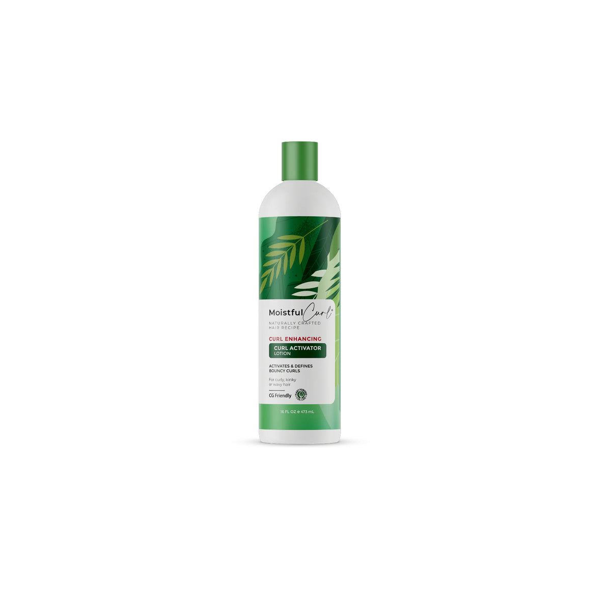 White bottle of Moistful Curl Curl Enhancing Curl Activator Lotion (473ml). Green label with palm leaves and text about activation and definition of curls.