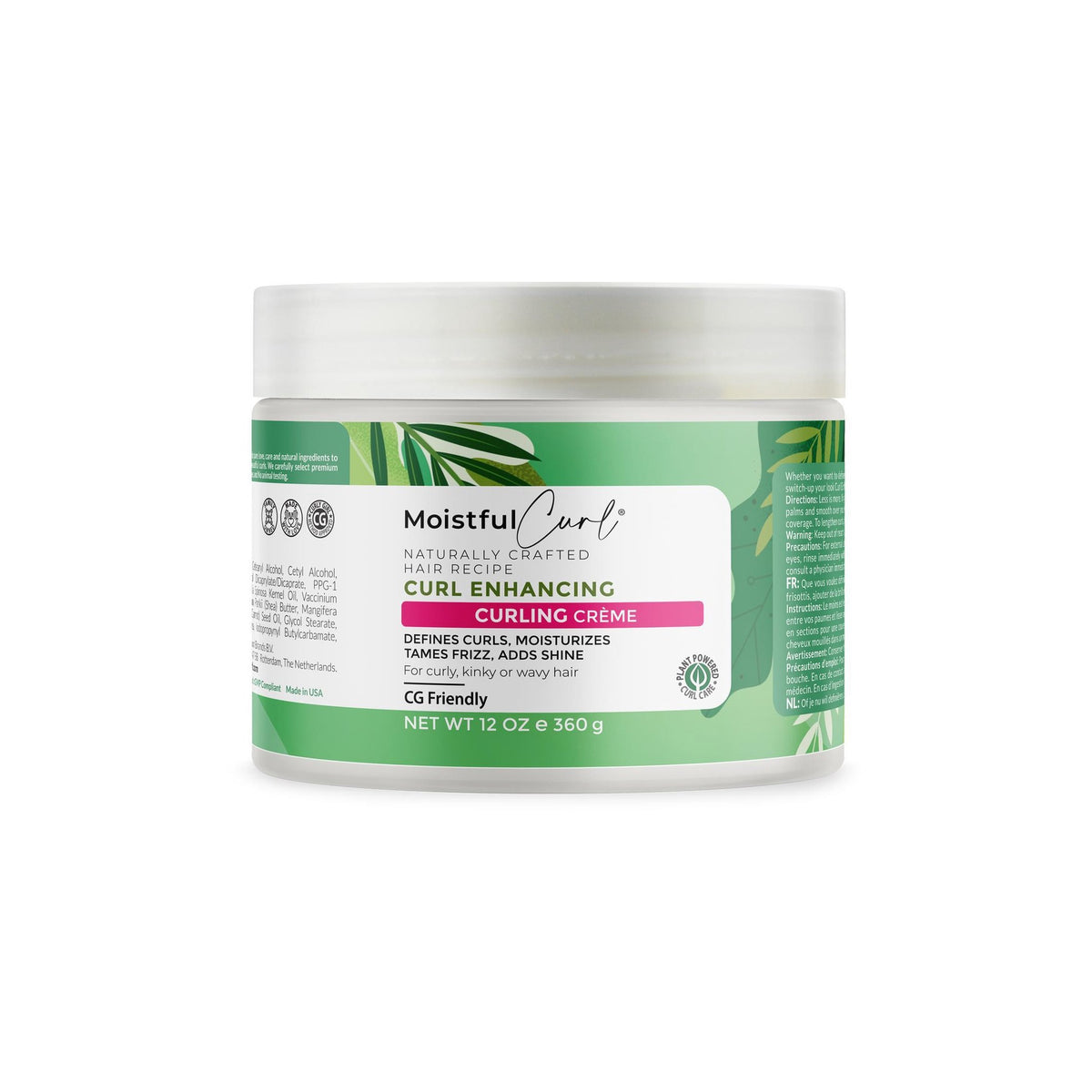 Moistful Curl Curl Enhancing Curling Crème (360g). White plastic container with green label that promises to define curls, moisturize, tame frizz and add shine.
