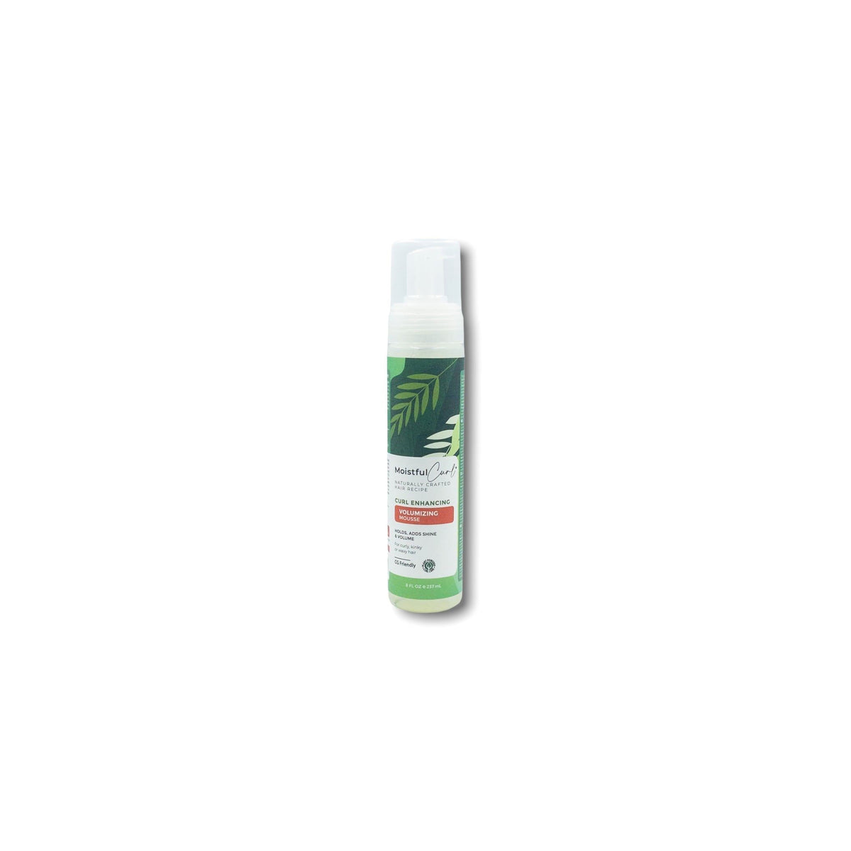 Bottle of Moistful Curl Curl Enhancing Volumizing Mousse (237ml). White bottle with green label that promises to enhance curls, add shine and volume.