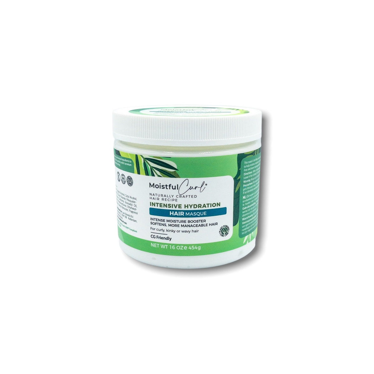 White plastic container with Moistful Curl Intensive Hydration Hair Masque (454g). Green label with text about moisture boost for curly, kinky and wavy hair.