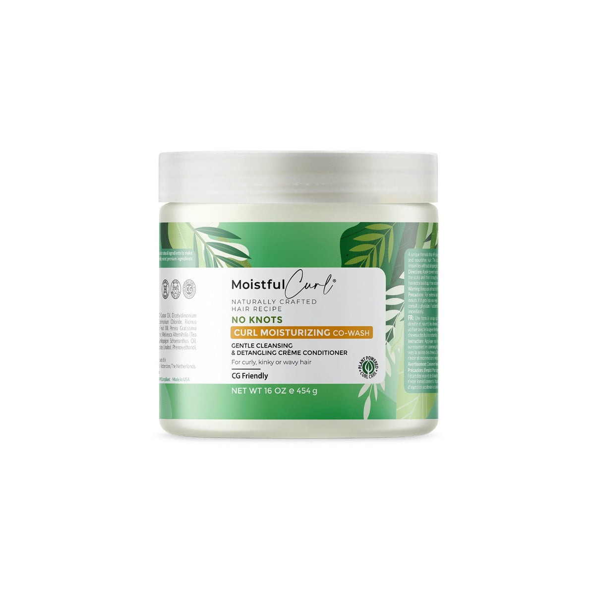 Front of a white plastic container with a green label. The product is called Moistful Curls No-Knots Curl Moisturizing Co-Wash and is intended for curly, wavy hair.