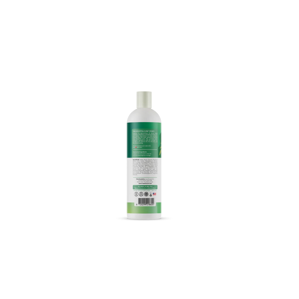 White plastic bottle with white pump. Back of Moistful Curls No-Knots Leave-In Conditioner.