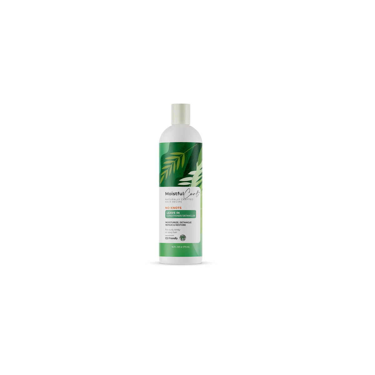 White plastic bottle with a green pump containing Moistful Curls No-Knots Leave-In Conditioner.