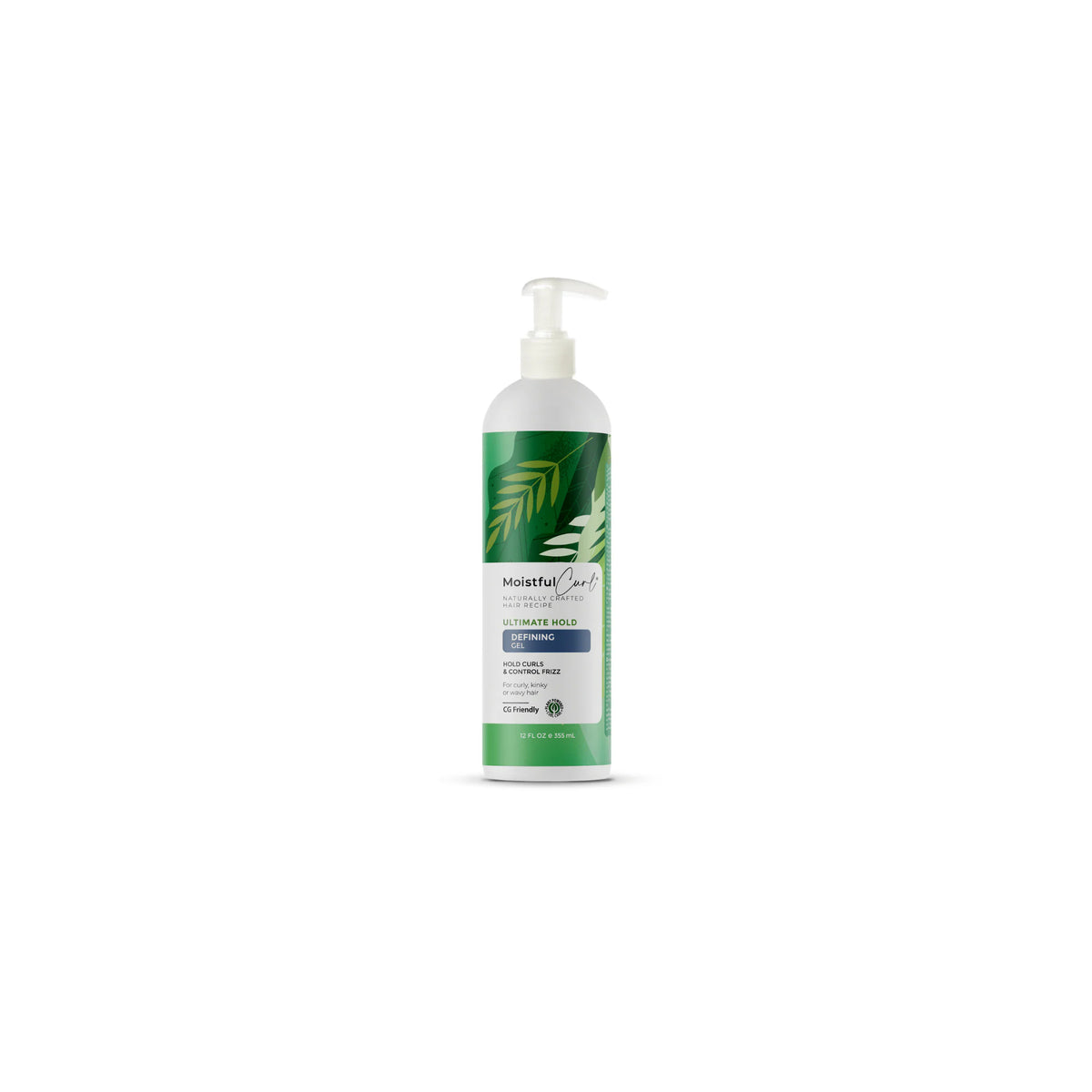White bottle with white pump and green label with white leaves containing Moistful Curl Ultimate Hold Defining Gel (355ml).