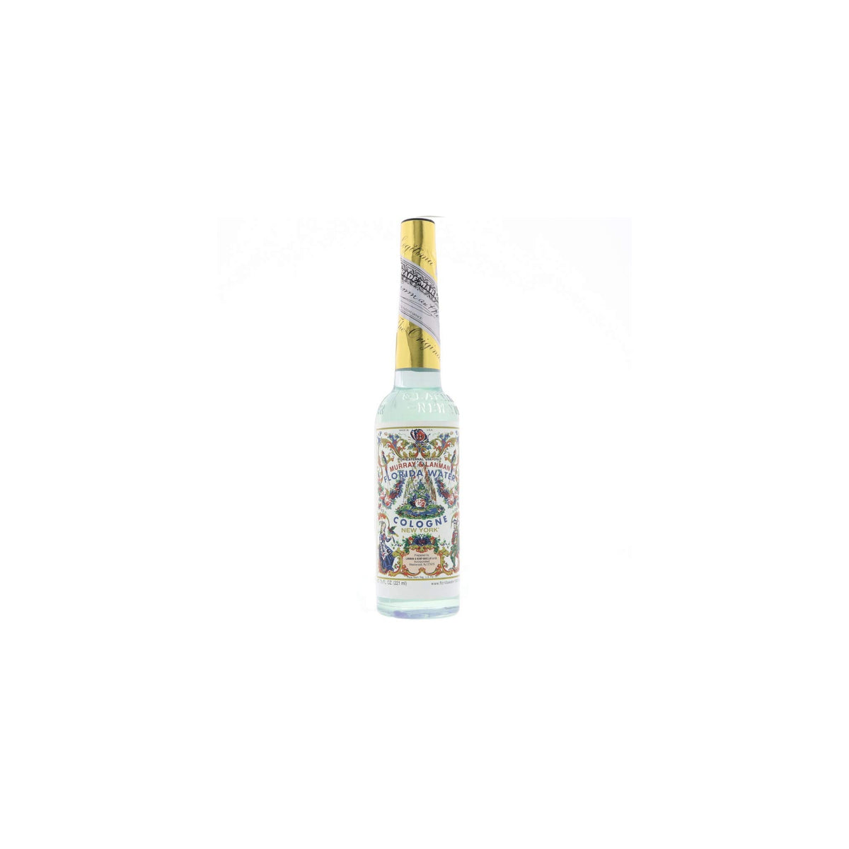 Murray & Lanman Florida Water cologne, a classic perfume bottle with blue liquid and golden details.