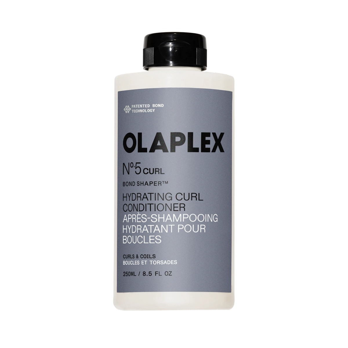 Olaplex Nº.5 Curl Bond Shaper hydrating curl conditioner in gray bottle with black lid, 250 ml.