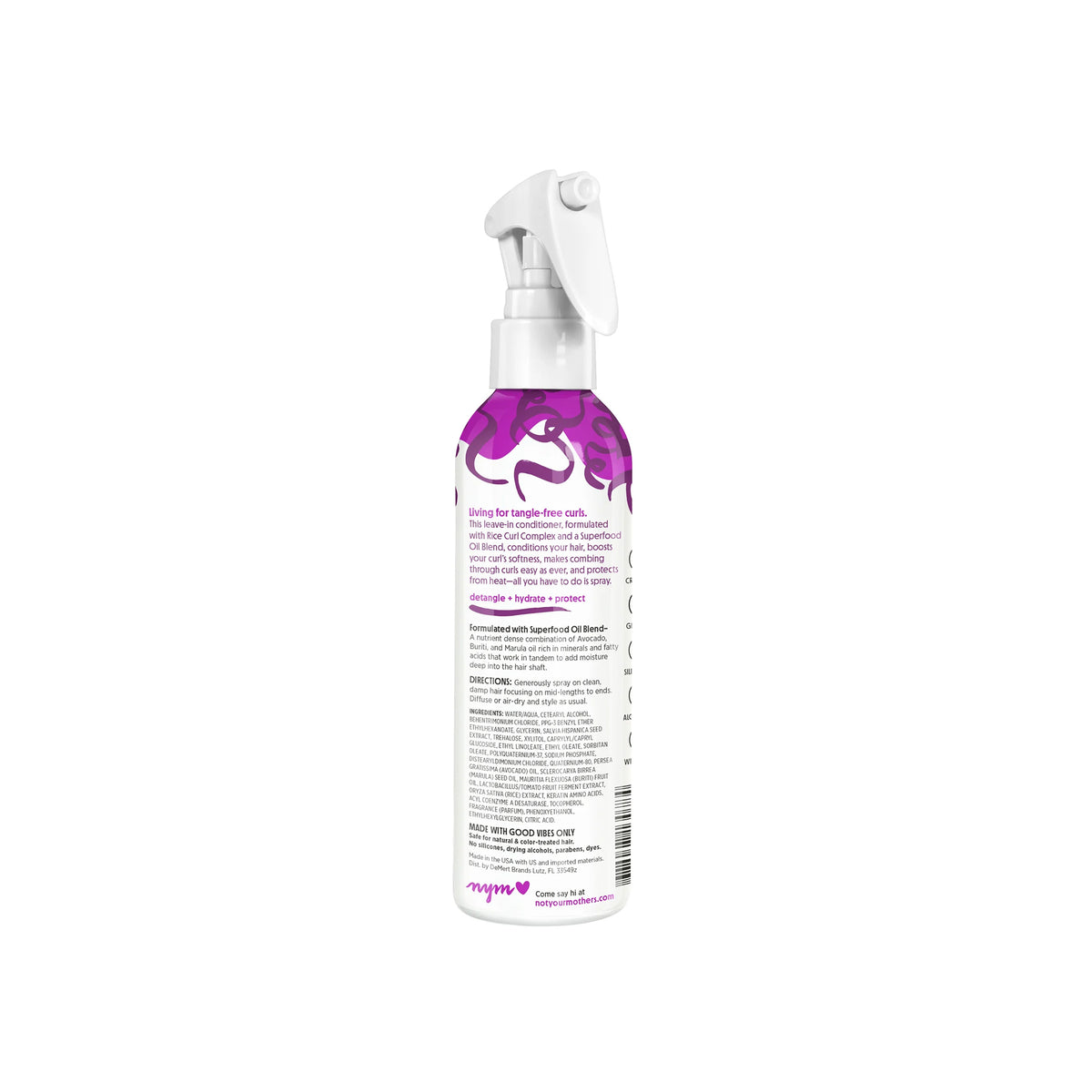 Back of Not Your Mother's Curl Talk Nourishing Leave-In Conditioner spray bottle with ingredients list and directions for use.