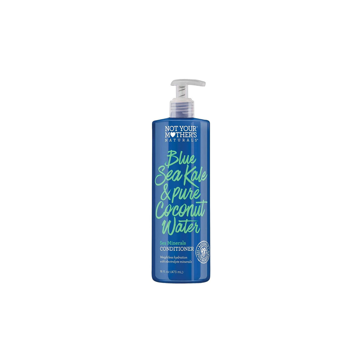 A blue bottle with white pump containing Not Your Mother's Naturals Blue Sea Kale & Pure Coconut Water Sea Minerals Conditioner.