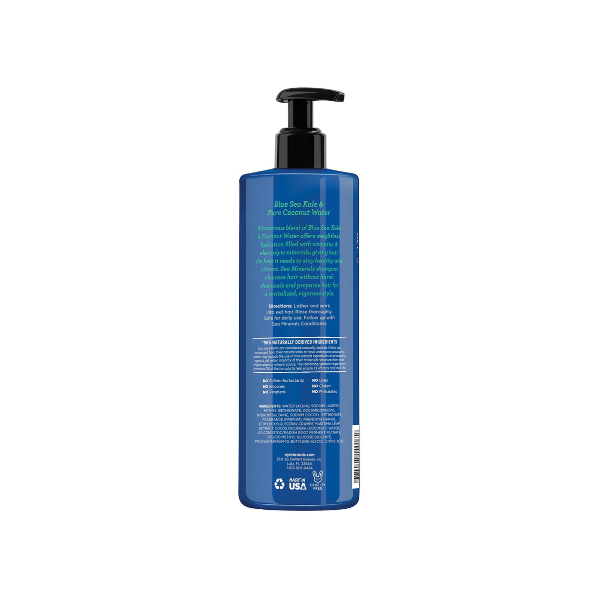 Back of Not Your Mother's Naturals Blue Sea Kale & Pure Coconut Water Sea Minerals Shampoo with description and ingredients.