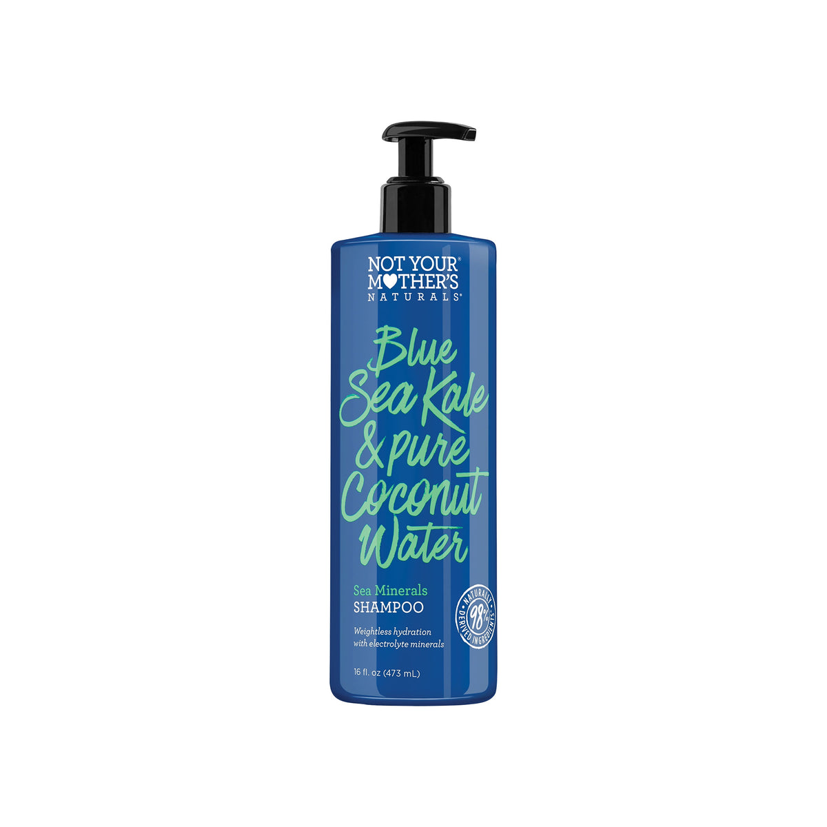 A blue bottle with black pump containing Not Your Mother's Naturals Blue Sea Kale & Pure Coconut Water Sea Minerals Shampoo.