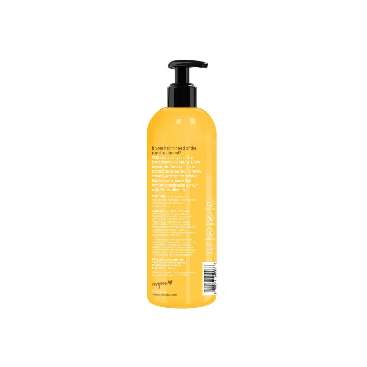 Back of Not Your Mother's Naturals Royal Honey & Kalahari Desert Melon shampoo with description and ingredients.