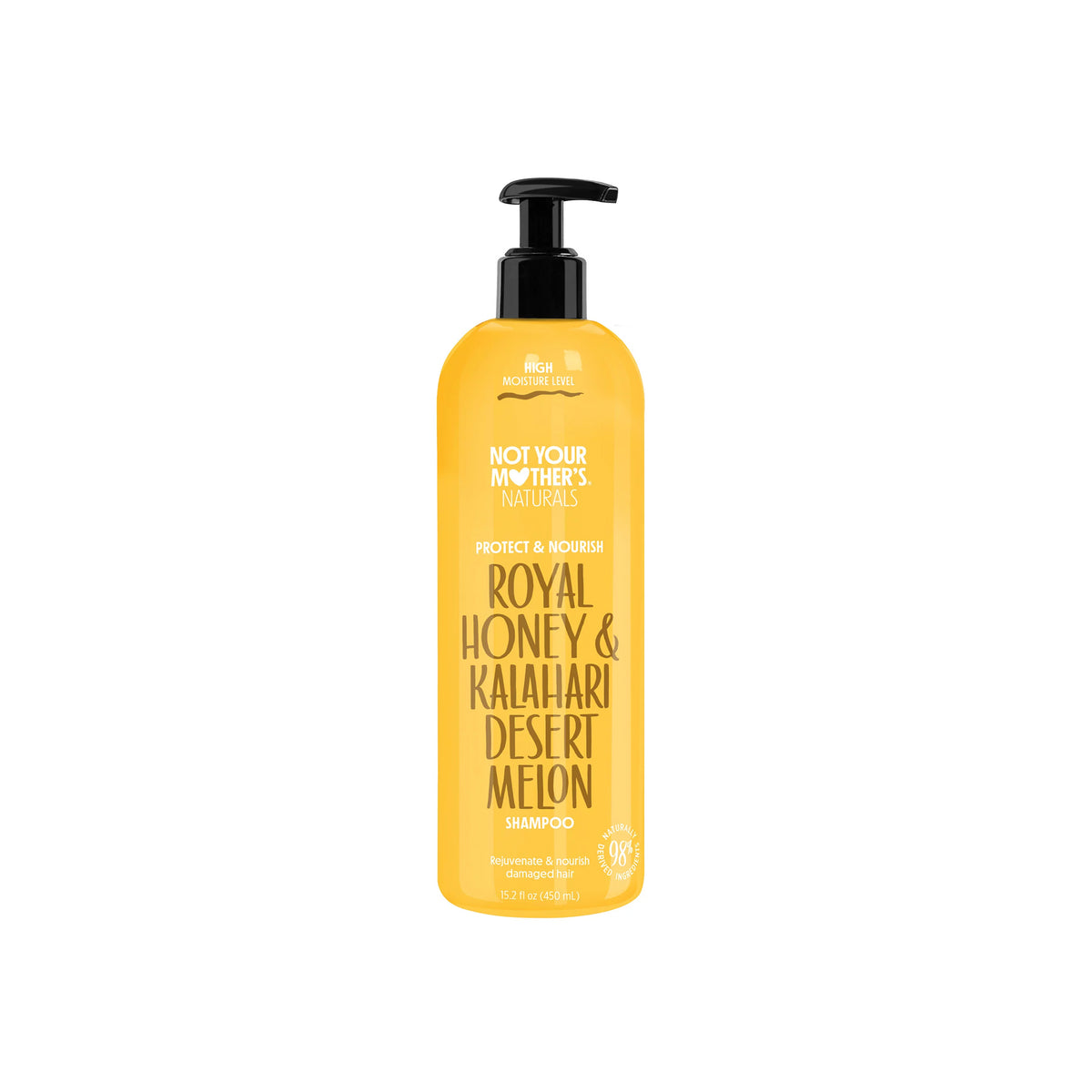 A yellow/orange bottle with black pump containing Not Your Mother's Naturals Royal Honey & Kalahari Desert Melon Shampoo.