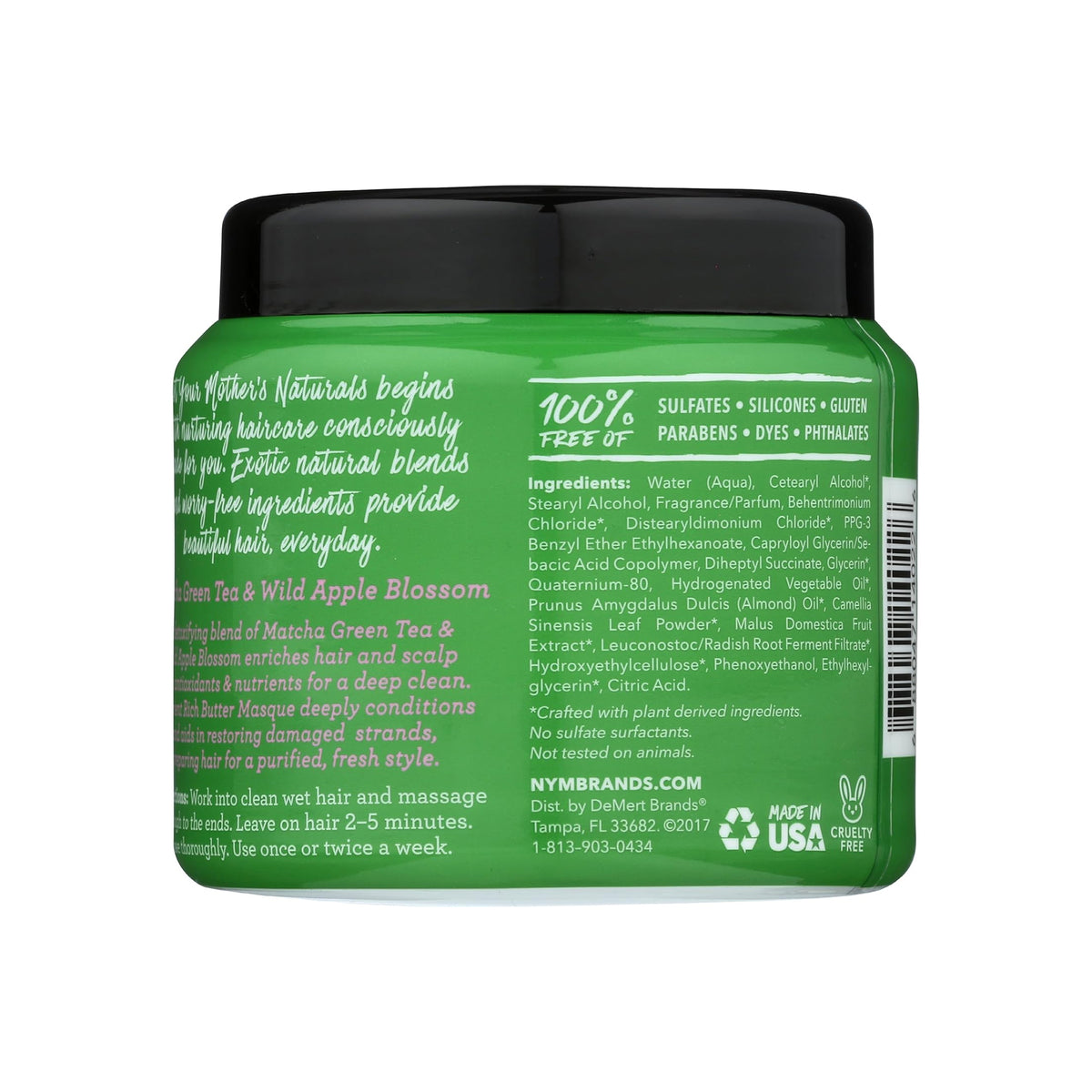 Not Your Mother's Matcha Green Tea & Wild Apple Blossom Butter Masque 283g back view with green label, black lid and ingredients list.