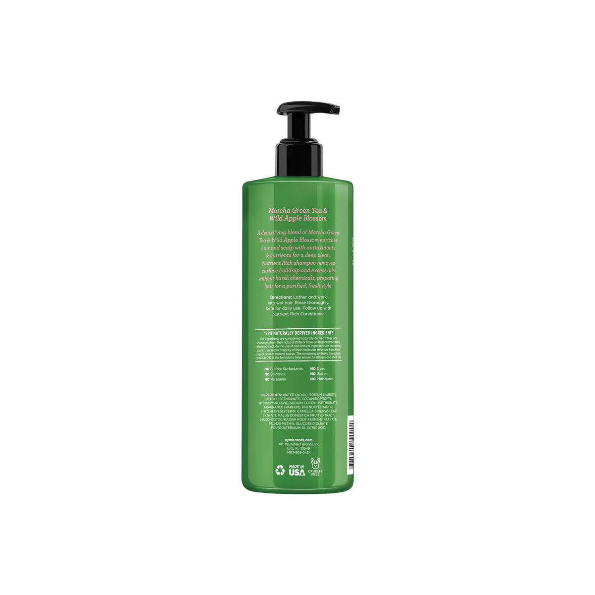 Not Your Mother's Matcha Green Tea & Wild Apple Blossom Conditioner 473 ml back view with green bottle, black pump and text description.