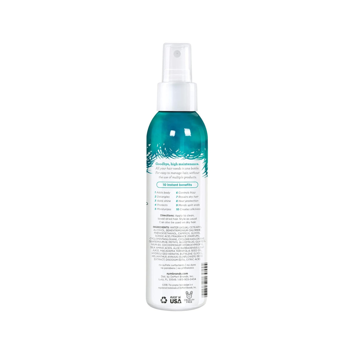 Hairspray bottle with blue-green feather design, 10 instant benefits, sulfate- and paraben-free, cruelty-free, made in the USA.