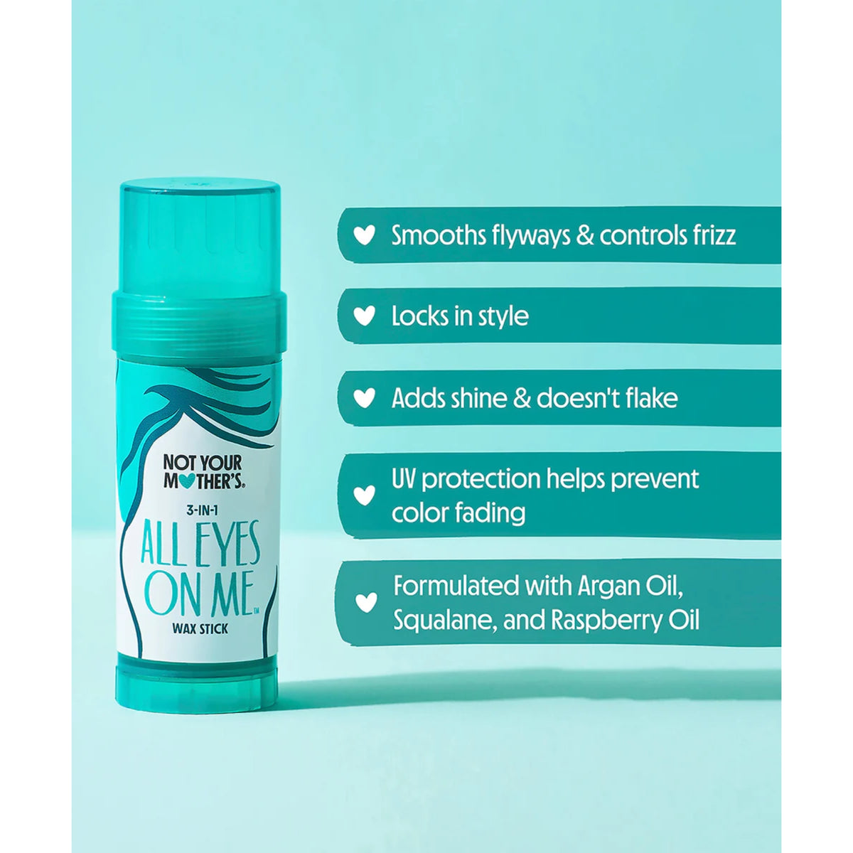 Not Your Mother's All Eyes On Me 3-in-1 wax stick in turquoise packaging with benefits such as frizz control and UV protection.