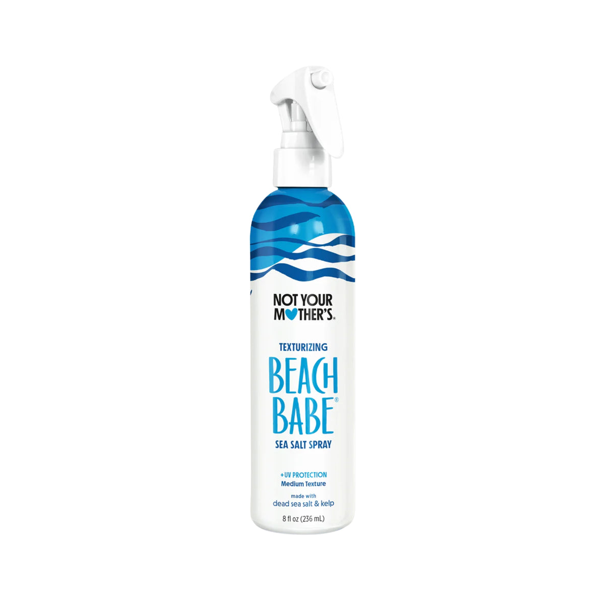 Not Your Mother's Beach Babe texturizing sea salt spray with UV protection, 236ml bottle with blue wave design.