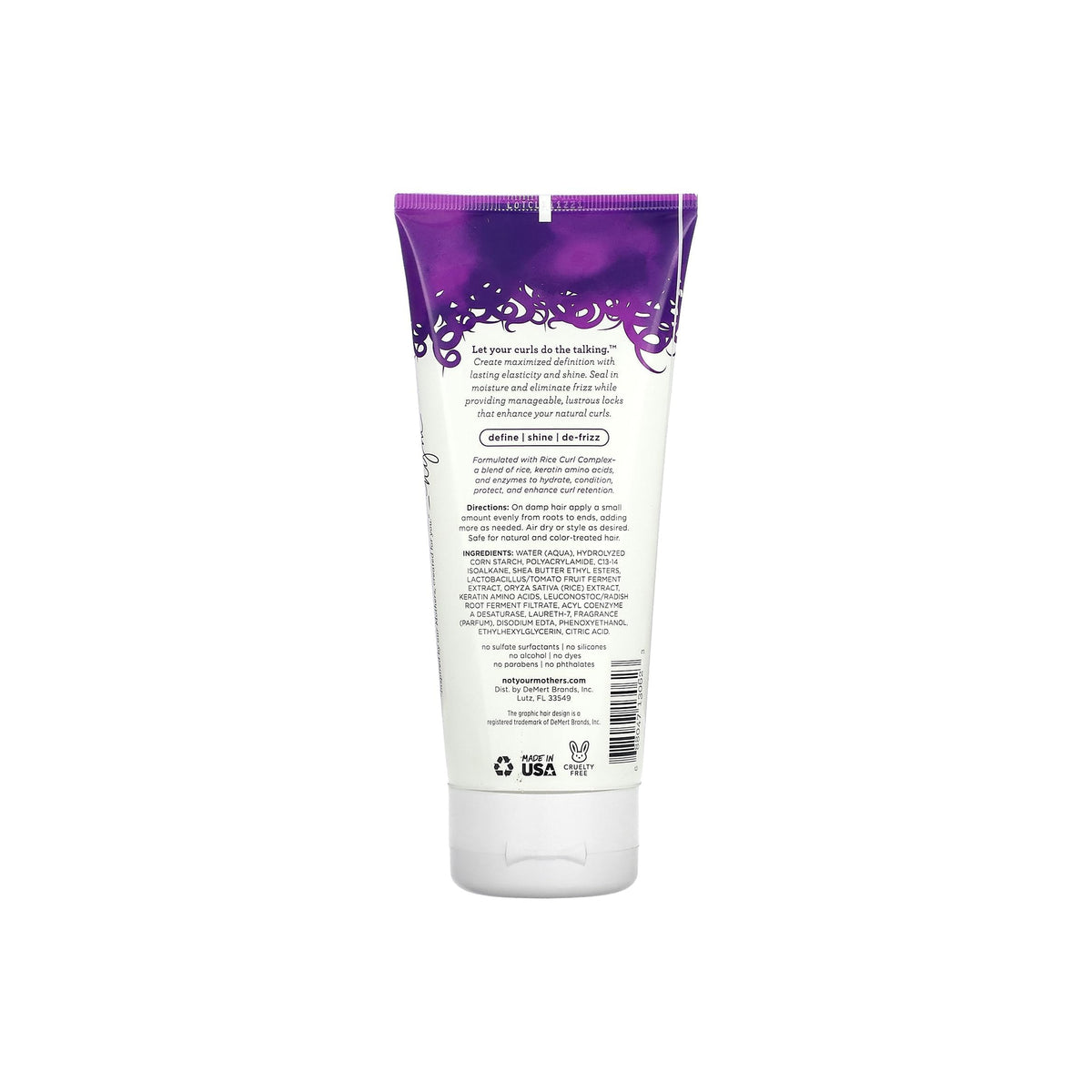 Not Your Mother's Curl Talk Cream 177 ml back view with purple pattern and detailed product description.