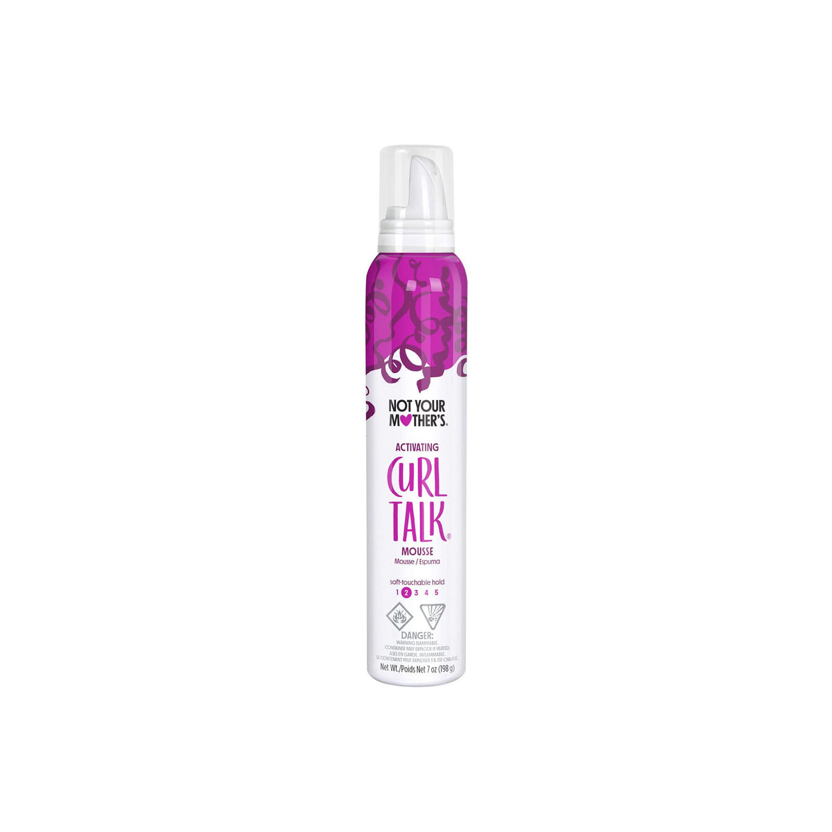 Not Your Mother's Curl Talk Mousse 198g in a tall white spray bottle with a purple design and transparent cap.