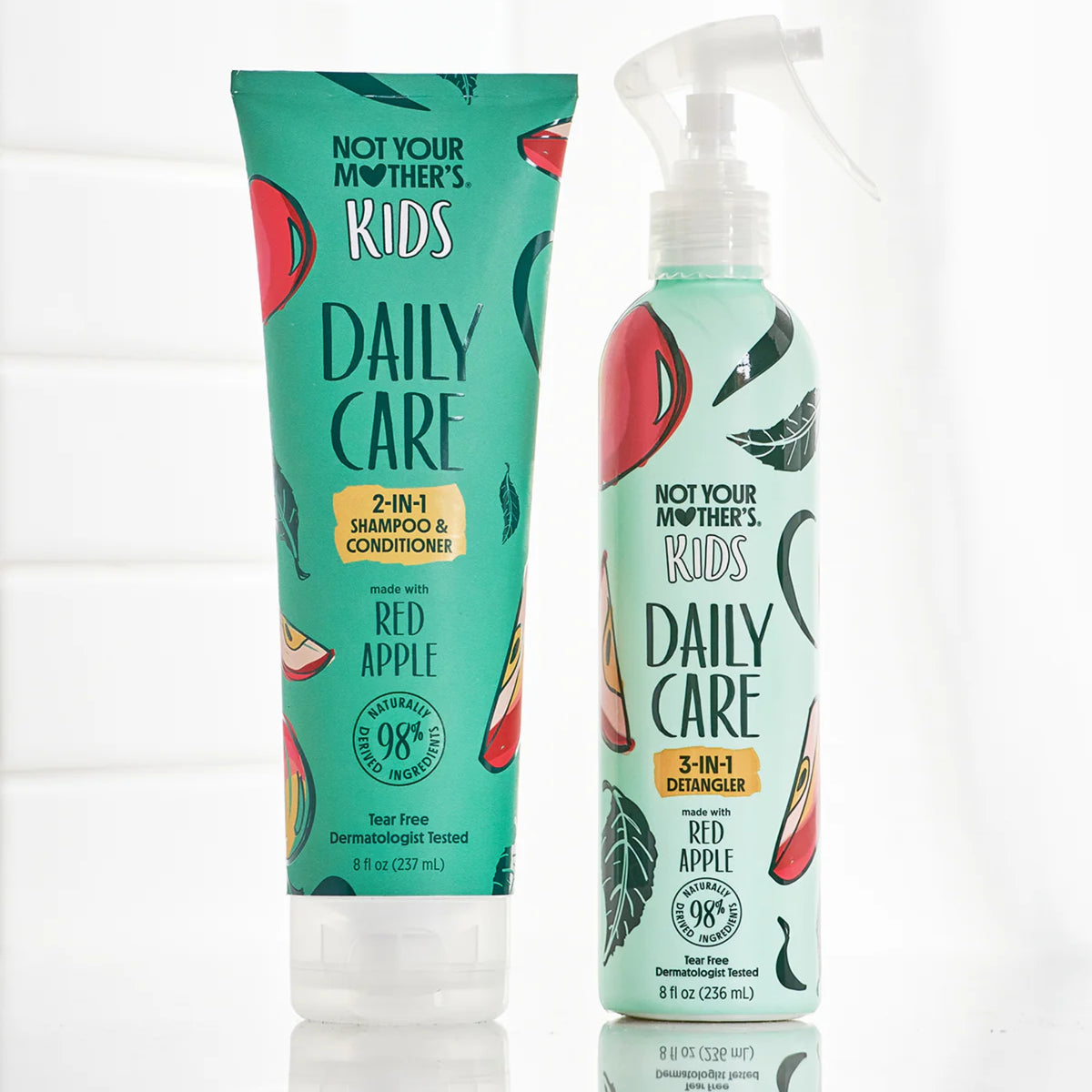 Not Your Mother's Kids Daily Care 2-in-1 shampoo and 3-in-1 detangler with red apple, tear free.