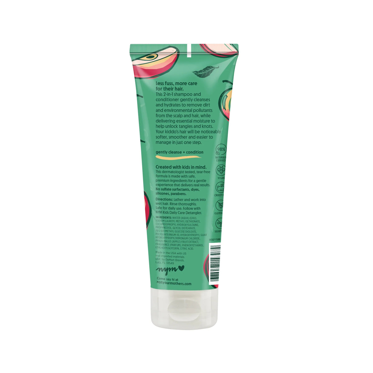 Not Your Mother's 2-in-1 children's shampoo and conditioner in green tube with apple motif and ingredient list.