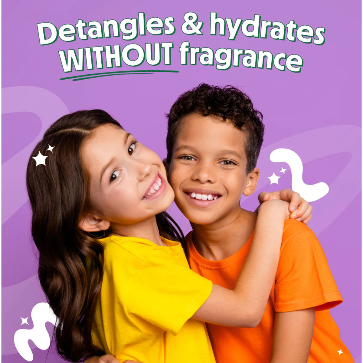 Smiling girl and boy detangling & hydrating hair without fragrance, dressed in yellow and orange t-shirt on purple background.
