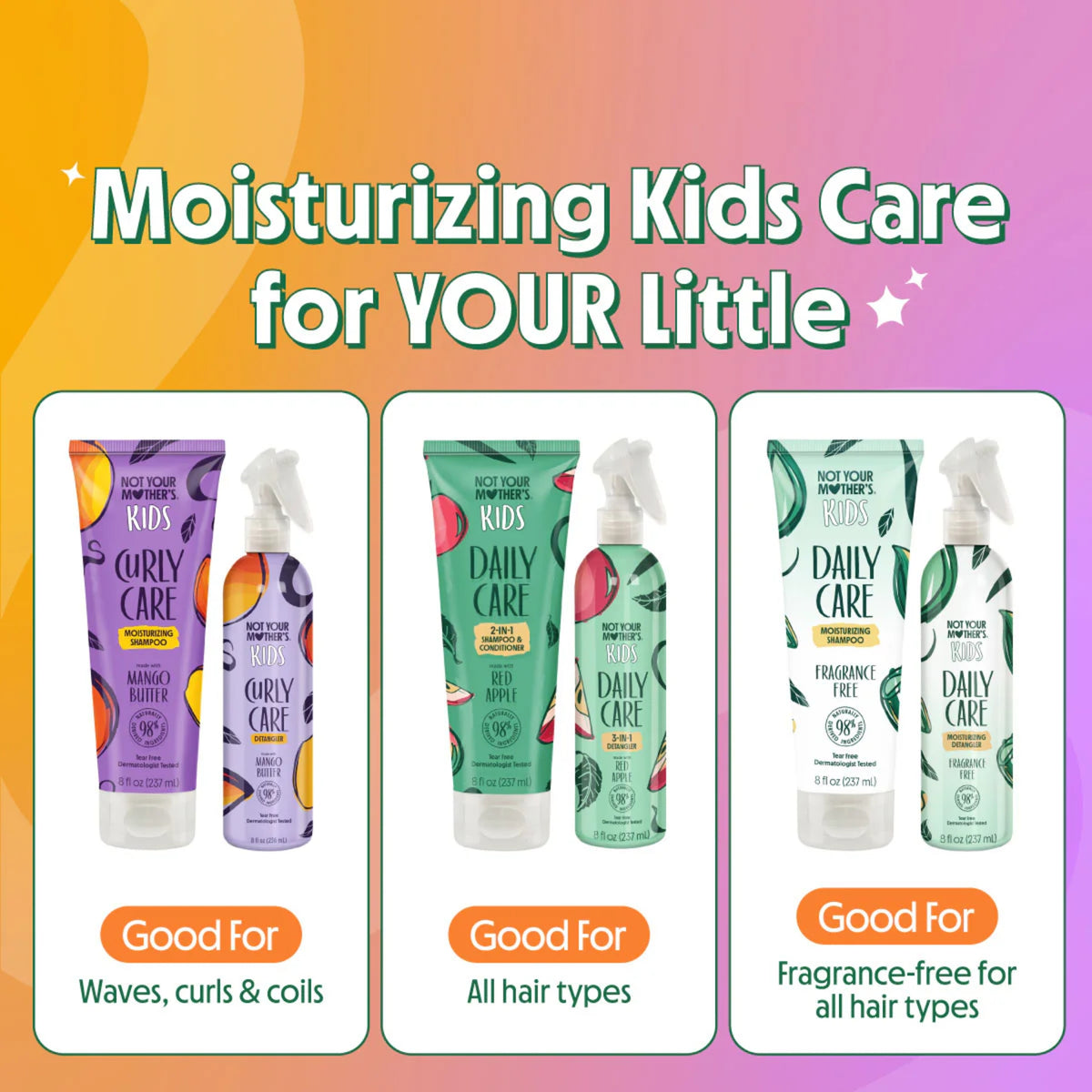 Moisturizing Kids Care products for children: Curly Care, Daily Care shampoo and detangler for all hair types.