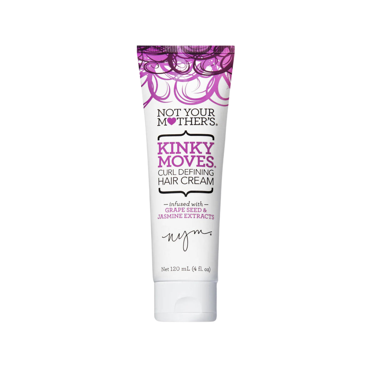 Not Your Mother's Kinky Moves curl defining hair cream in white tube with purple curl pattern, 120 ml.