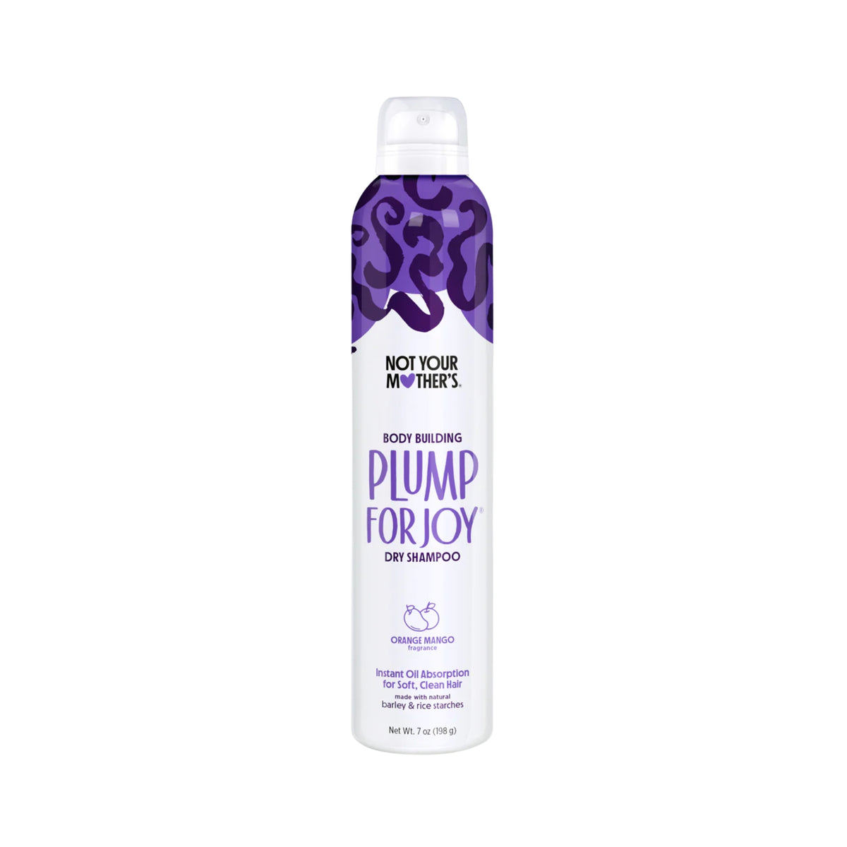 Not Your Mother's Plump for Joy body building dry shampoo with orange mango scent in purple and white spray can.