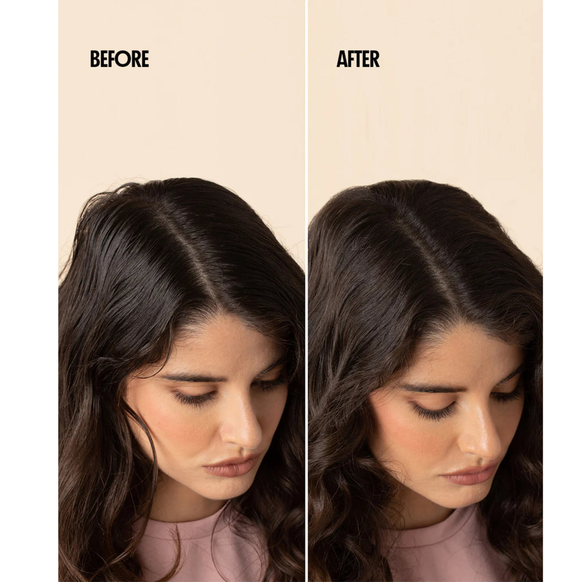 Before and after comparison of woman with dark hair showing fuller and more voluminous hair after treatment.