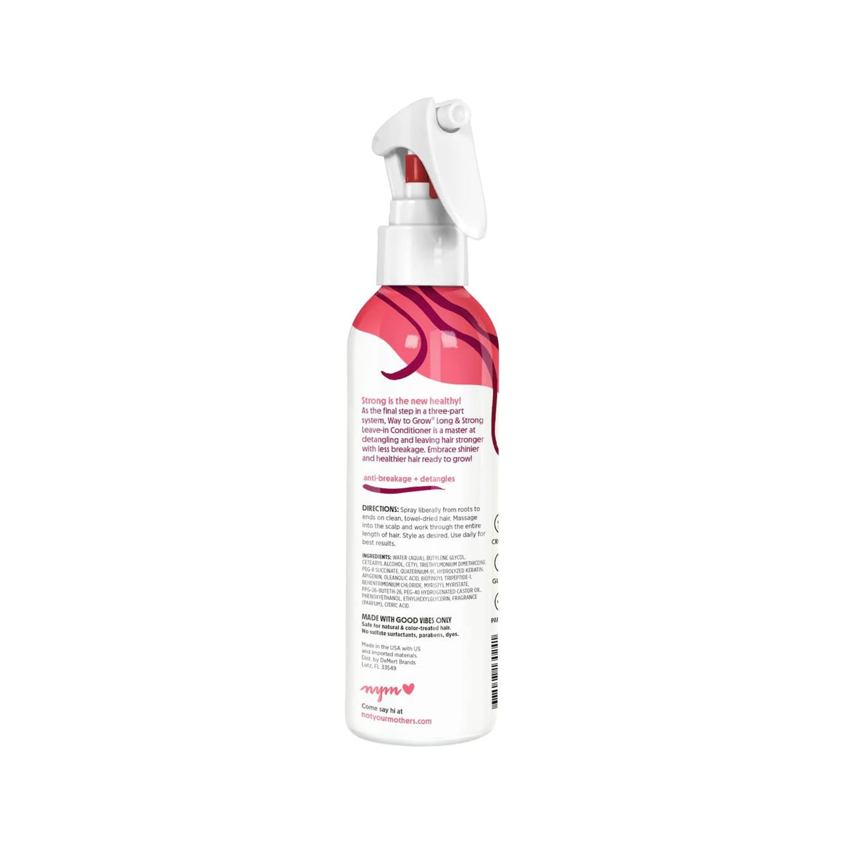 Not Your Mother's Way to Grow Long & Strong Leave-in Conditioner spray in white and pink bottle with ingredients and instructions for use.