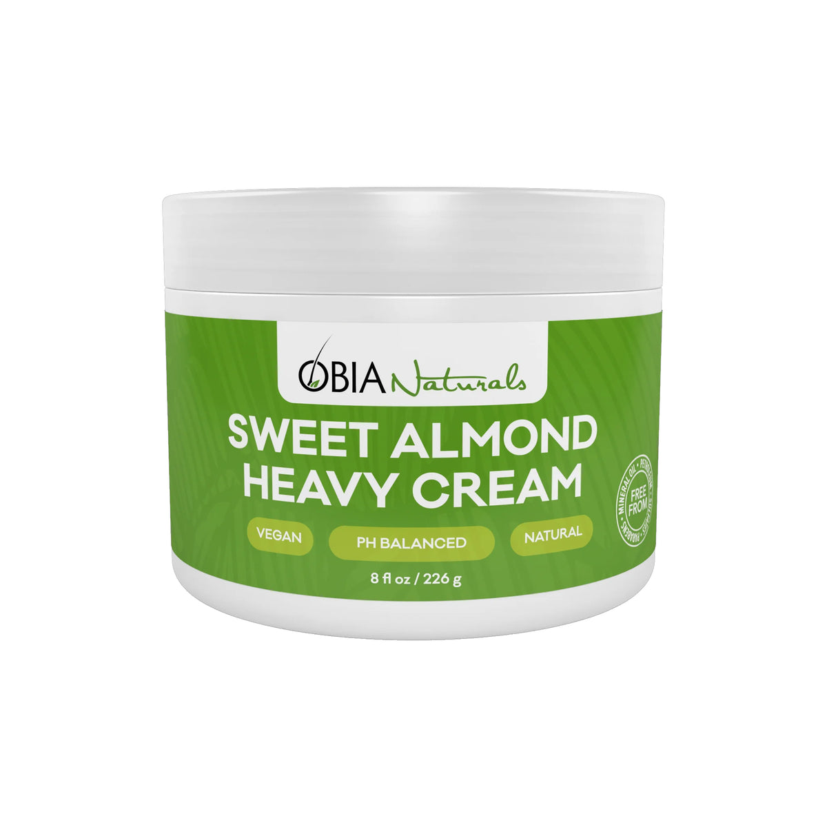 White bucket with green label: OBIA Naturals Sweet Almond Heavy Cream (226g). 