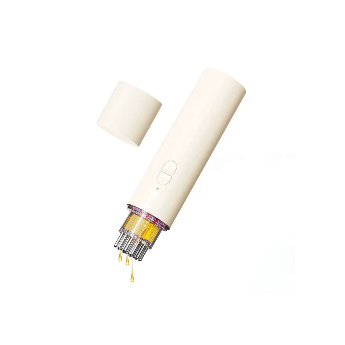 White serum and oil infusion pen with removable cap and tiny drops of oil dripping from the metal tips.