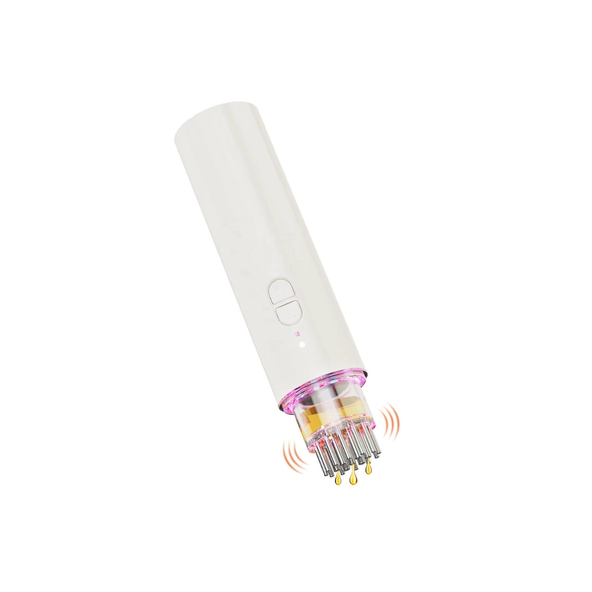 White serum infusion pen in use, where the metal tips vibrate and release small drops of oil from the tip.