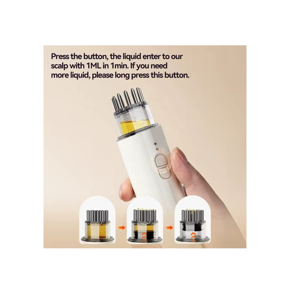 Hand holding a white serum infusion pen where oil is pumped out via the metal tips; below is a step-by-step illustration of how the liquid moves up the dispenser head.