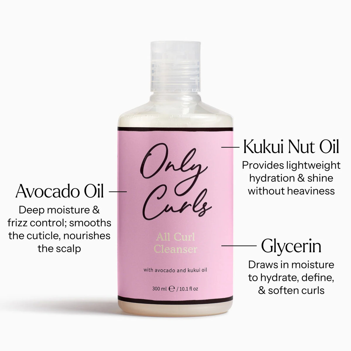 Only Curls All Curl Cleanser 300 ml flaske med avocadoolie, kukui nut olie og glycerin til hydrering af krøller.