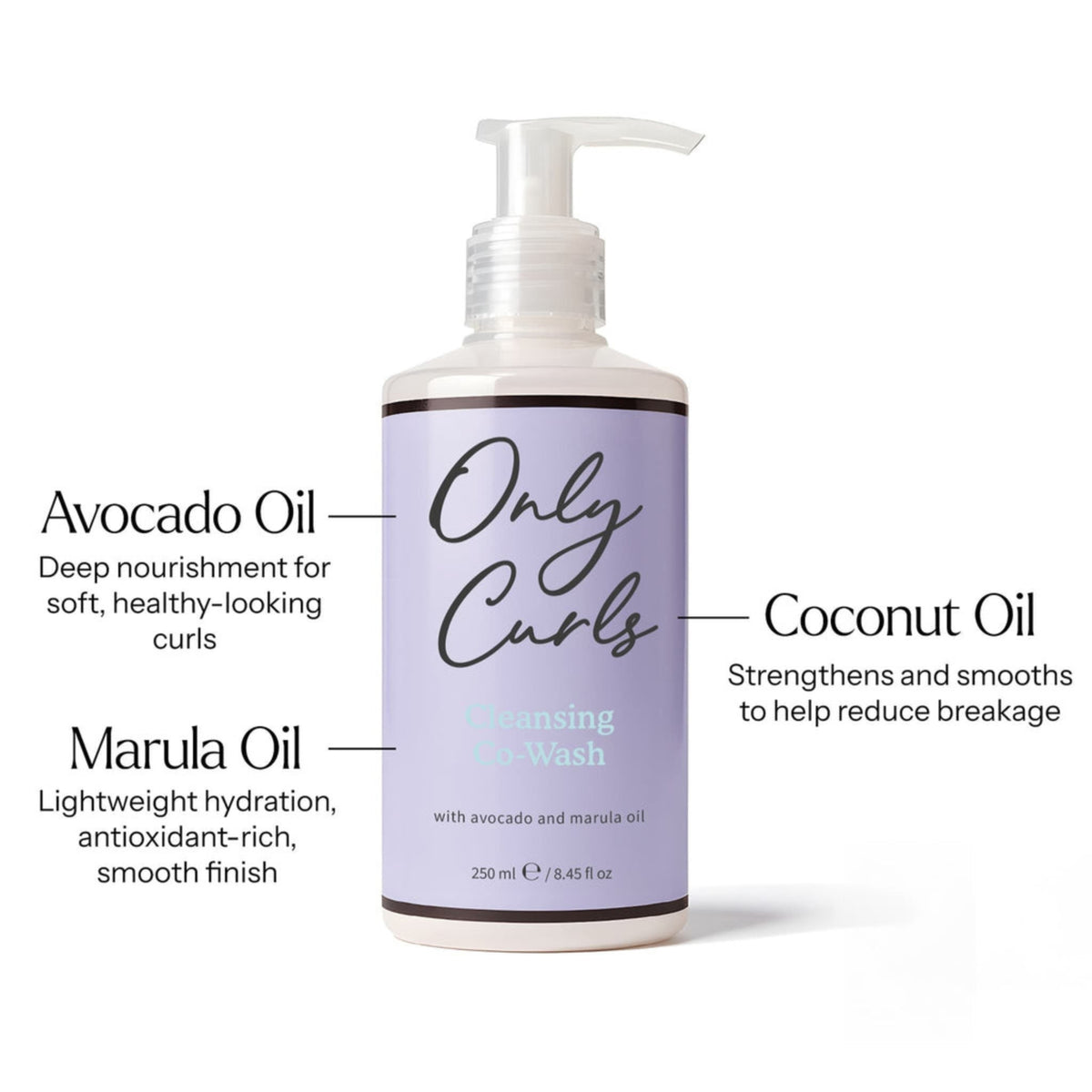 Only Curls Cleansing Co-Wash pumpeflaske, 250 ml, med avocado-, marula- og kokosolie mod hårskader.