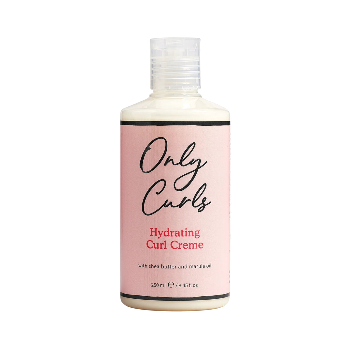Only Curls Hydrating Curl Creme flaske på 250 ml med shea butter og marula olie mod hvid baggrund.